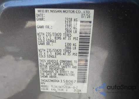 2016 Nissan Murano Platinum из США, поврежденный, VIN 5N1AZ2MG0GN158067